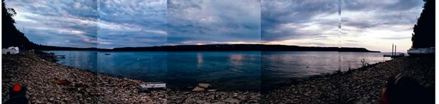 dramatic sunset blue sky water and stoney beach, panorama composite, hope bay VII, 2008 by William Oldacre
