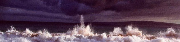 exploding wave crashing onto beach under stormy purple sky, Big Beach I, 1994/2011, by William Oldacre