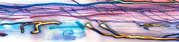 turquoise pink yellow colorful lines streaks, abstract photograph, looking west, 2002 by William Oldacre