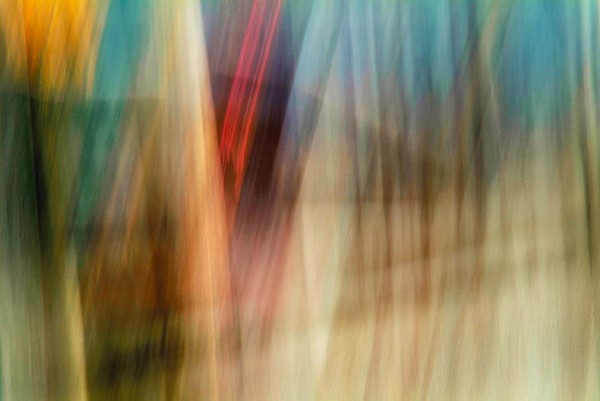 Light Signatures series, day, colour photograph, art, abstract, abstract expressionism, creative, city street, urban, downtown, cityscape, speed, blur, movement, motion, tan, yellow, blue, muted