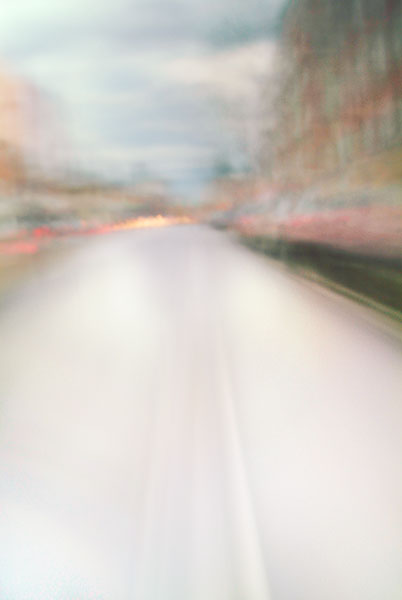 Convergent series, day, colour photograph, art, abstract, abstract expressionism, creative, city street, urban, downtown, cityscape, speed, blur, movement, motion, brown, red, muted, smear, building, cars, street, streaks, shape