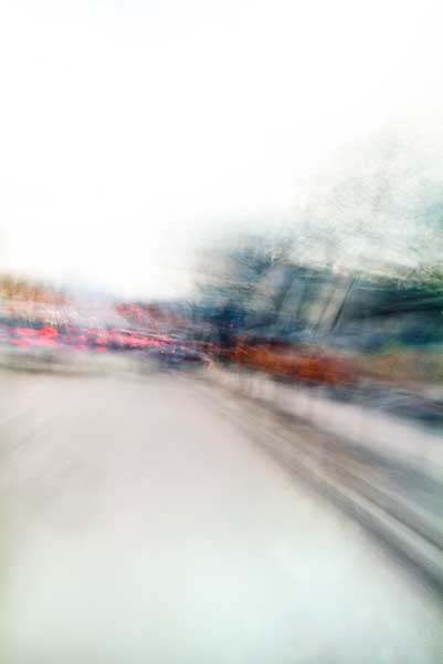 Convergent series, day, colour photograph, art, abstract, abstract expressionism, creative, city street, urban, downtown, cityscape, speed, blur, movement, motion, blue, orange, red, vibrant, wedge, shape