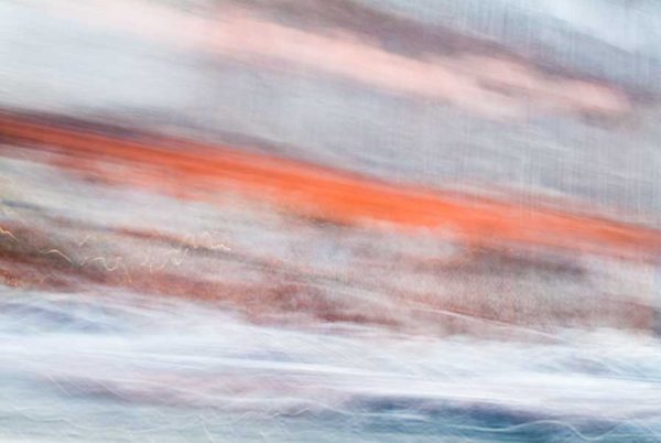 Convergent series, day, colour photograph, art, abstract, abstract expressionism, creative, city street, urban, downtown, cityscape, speed, blur, movement, motion, orange, blue, pink, vibrant, wedge, shape