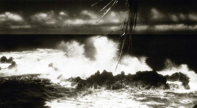 Tropical series, waves, lava rock, stormy skies, infrared, toned black and white photograph