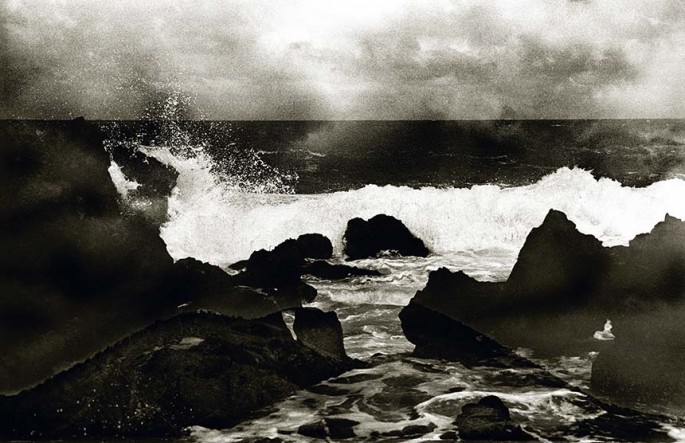 Tropical series, wave, crashing on shore, rocky, lava, double exposure, infrared, toned, black and white photograph
