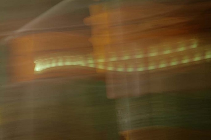Light Signatures series, day, colour photograph, art, abstract, abstract expressionism, creative, city street, urban, downtown, cityscape, speed, blur, movement, motion, orange, green, muted, streaks, squares, trailling, waves, patterns, shapes