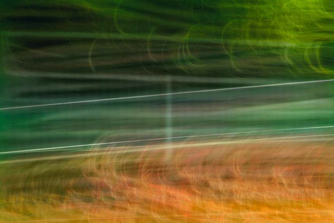 Light Signatures series, day, colour photograph, art, abstract, abstract expressionism, creative, city street, urban, downtown, cityscape, speed, blur, movement, motion, green, orange, vibrant, streaks, swirls, patterns
