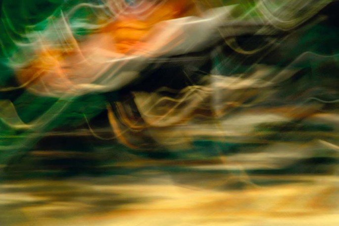 Light Signatures series, day, colour photograph, art, abstract, abstract expressionism, creative, city street, urban, downtown, cityscape, speed, blur, movement, motion, green, orange, yellow, muted, waves, patterns