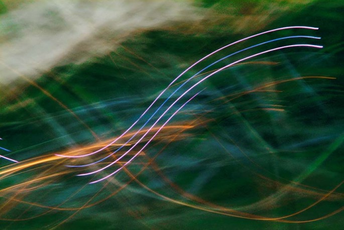 Light Signatures series, day, colour photograph, art, abstract, abstract expressionism, creative, city street, urban, downtown, cityscape, speed, blur, movement, motion, green, blue, orange,vibrant, pattern, lines, streaks