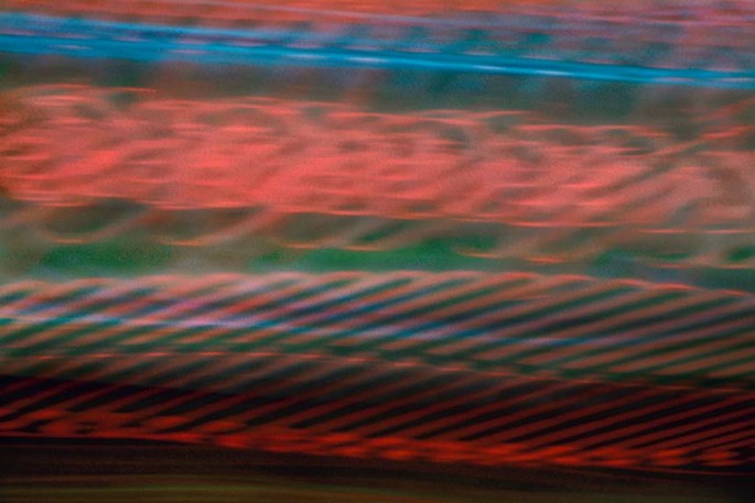 Light Signatures series, day, colour photograph, art, abstract, abstract expressionism, creative, city street, urban, downtown, cityscape, speed, blur, movement, motion, blue, green, red, muted, overlapping, waves, circles, patterns, shapes