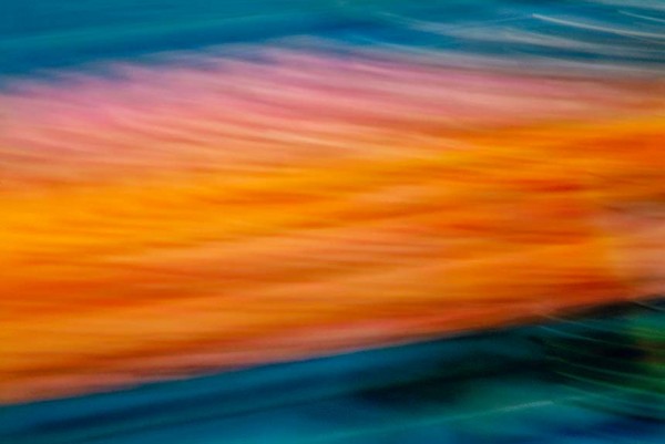 Light Signatures series, day, colour photograph, art, abstract, abstract expressionism, creative, city street, urban, downtown, cityscape, speed, blur, movement, motion, orange, blue, vibrant, overlapping, streaks, pattern