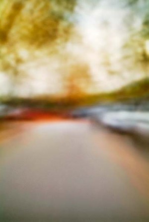 Convergent series, day, colour photograph, art, abstract, abstract expressionism, creative, city street, urban, downtown, cityscape, speed, blur, movement, motion, red, orange, yellow, muted, leaves, cars