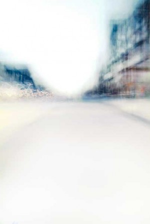 Convergent series, day, colour photograph, art, abstract, abstract expressionism, creative, city street, urban, downtown, cityscape, speed, blur, movement, motion, blue, muted, wedges, shape