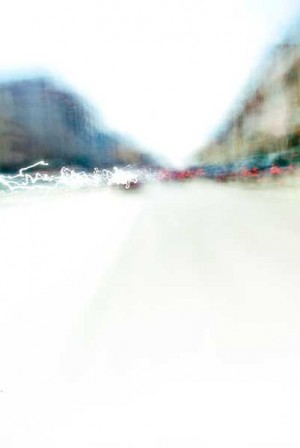 Convergent series, day, colour photograph, art, abstract, abstract expressionism, creative, city street, urban, downtown, cityscape, speed, blur, movement, motion, blue, beige, muted, wedges, shape