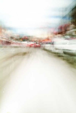 Convergent series, day, colour photograph, art, abstract, abstract expressionism, creative, city street, urban, downtown, cityscape, speed, blur, movement, motion, red, beige, muted, wedges, smear, shape