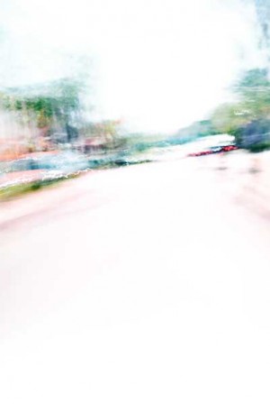 Convergent series, day, colour photograph, art, abstract, abstract expressionism, creative, city street, urban, downtown, cityscape, speed, blur, movement, motion, green, orange, muted, wedges, pattern