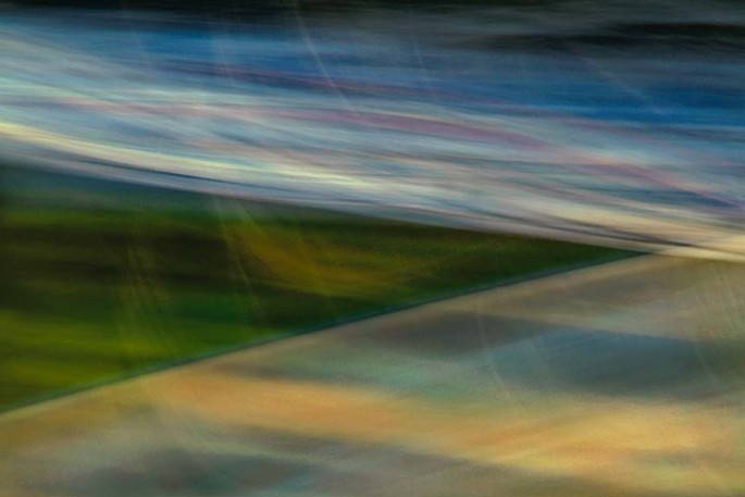 Light Signatures series, day, colour photograph, art, abstract, abstract expressionism, creative, city street, urban, downtown, cityscape, speed, blur, movement, motion, green, blue, yellow, muted, streaks, wedge, pattern