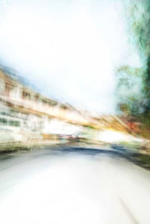 Convergent series, day, colour photograph, art, abstract, abstract expressionism, creative, city street, urban, downtown, cityscape, speed, blur, movement, motion, vibrant, yellow, cyan, blue, green, shape, streak