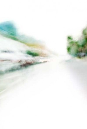 Convergent series, day, colour photograph, art, abstract, abstract expressionism, creative, city street, urban, downtown, cityscape, speed, blur, movement, motion, green, blue ,muted, wedges, shape