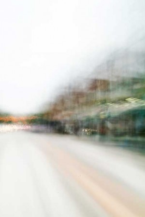 Convergent series, day, colour photograph, art, abstract, abstract expressionism, creative, city street, urban, downtown, cityscape, speed, blur, movement, motion, muted, green, brown, orange, shape, wedge