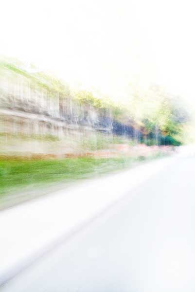 Convergent series, day, colour photograph, art, abstract, abstract expressionism, creative, city street, urban, downtown, cityscape, speed, blur, movement, motion, green, blue, vibrant, wedge, shape