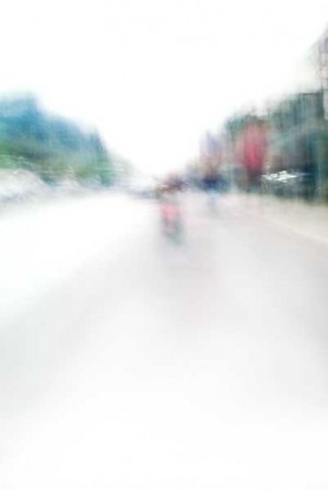 Convergent series, day, colour photograph, art, abstract, abstract expressionism, creative, city street, urban, downtown, cityscape, speed, blur, movement, motion, blue,green, red, muted, wedge, shape