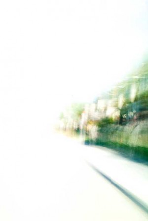 Convergent series, day, colour photograph, art, abstract, abstract expressionism, creative, city street, urban, downtown, cityscape, speed, blur, movement, motion, green, blue, muted, wedge, shape
