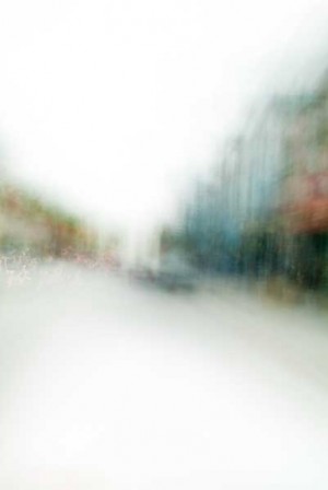 Convergent series, day, colour photograph, art, abstract, abstract expressionism, creative, city street, urban, downtown, cityscape, speed, blur, movement, motion, green, blue, orange, muted, wedge, shape