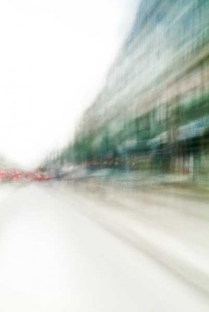 Convergent series, day, colour photograph, art, abstract, abstract expressionism, creative, city street, urban, downtown, cityscape, speed, blur, movement, motion, green, blue, red, muted, wedge, shape