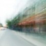 Convergent series, day, colour photograph, art, abstract, abstract expressionism, creative, city street, urban, downtown, cityscape, speed, blur, movement, motion, green, blue, orange, yellow, muted, wedge, shape