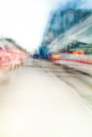 Convergent series, day, colour photograph, art, abstract, abstract expressionism, creative, city street, urban, downtown, cityscape, speed, blur, movement, motion, blue, green, red, orange, vibrant, wedge, shape