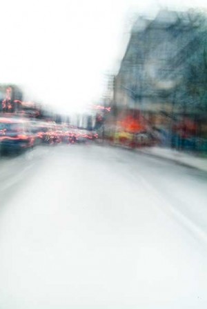 Convergent series, day, colour photograph, art, abstract, abstract expressionism, creative, city street, urban, downtown, cityscape, speed, blur, movement, motion, red, blue, yellow, vibrant, wedge, shape