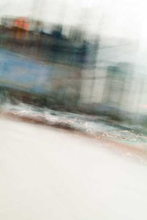 Convergent series, day, colour photograph, art, abstract, abstract expressionism, creative, city street, urban, downtown, cityscape, speed, blur, movement, motion, blue, orange, vibrant, wedge, shape