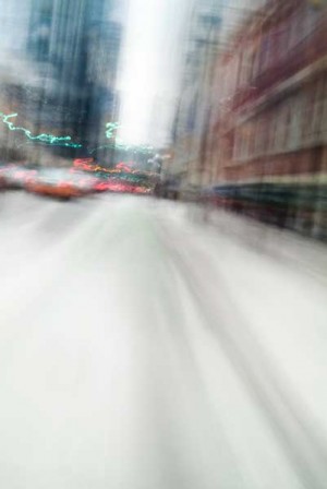 Convergent series, day, colour photograph, art, abstract, abstract expressionism, creative, city street, urban, downtown, cityscape, speed, blur, movement, motion, blue, red, orange, vibrant, wedge, shape