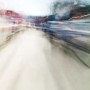 Convergent series, day, colour photograph, art, abstract, abstract expressionism, creative, city street, urban, downtown, cityscape, speed, blur, movement, motion, blue, red, green, vibrant, wedge, shape