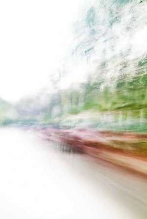Convergent series, day, colour photograph, art, abstract, abstract expressionism, creative, city street, urban, downtown, cityscape, speed, blur, movement, motion, green, orange, red, vibrant, wedge, shape