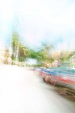 Convergent series, day, colour photograph, art, abstract, abstract expressionism, creative, city street, urban, downtown, cityscape, speed, blur, movement, motion, green, red, blue, vibrant, wedge, shape