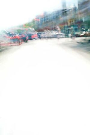 abstract expressionism, street, speed, motion blur, green, red, blue, vibrant, wedge, shape