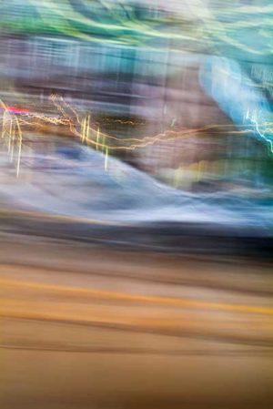 abstract expressionism, city street, urban, movement, motion, brown, blue, mauve, green, vibrant
