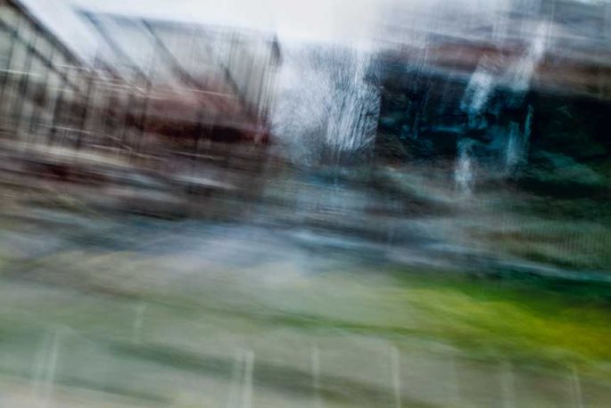 abstract expressionism, city street, urban, movement, motion, mauve, green, blue, vibrant