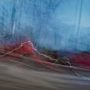 abstract expressionism, city street, urban, movement, motion, red, blue, vibrant