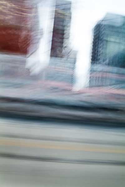 abstract expressionism, city street, urban, movement, motion, red, blue, pink, vibrant