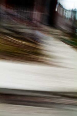 abstract expressionism, city street, urban, movement, motion, mauve, brown, green, vibrant
