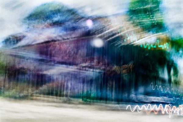 abstract expressionism, city street, urban, movement, motion, mauve, green, blue, vibrant