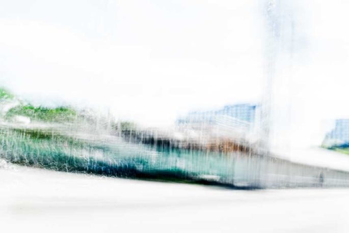 abstract expressionism, city street, urban, movement, motion, turquoise, green, blue, brown, vibrant